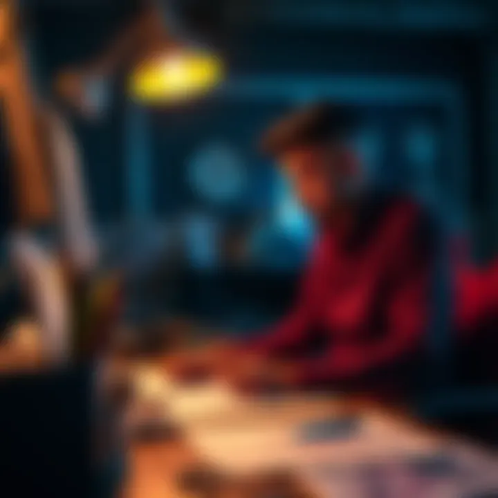 A determined individual working late at night, focused on their art, surrounded by materials and sketches.