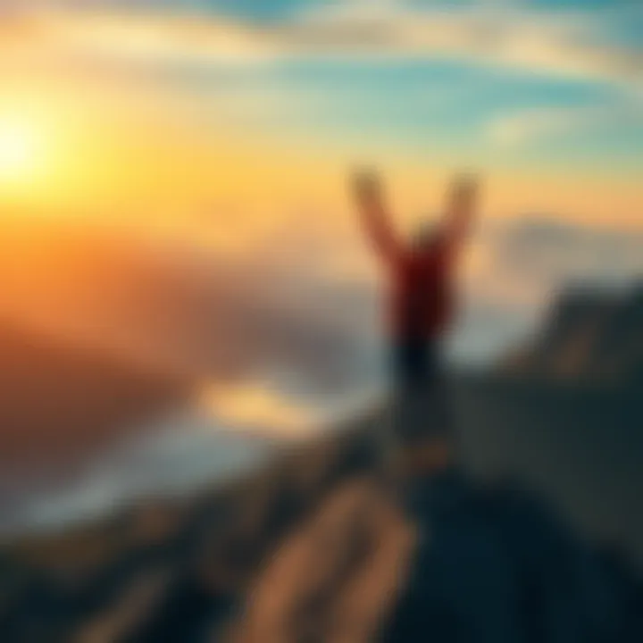 Individual standing on a mountain top, arms raised in victory, symbolizing achievement and determination