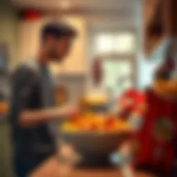 A person standing in a kitchen, looking at a bowl of snacks with a thoughtful expression as they consider their cravings.