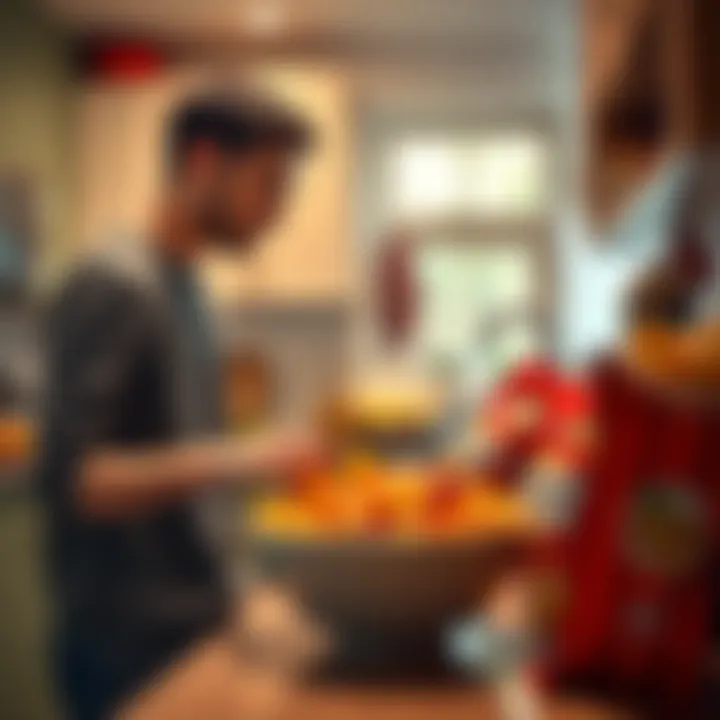 A person standing in a kitchen, looking at a bowl of snacks with a thoughtful expression as they consider their cravings.