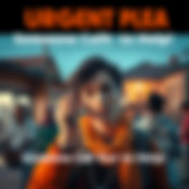 Person Reaching Out for Help A concerned person holding a phone, looking anxious while reaching out for assistance. The background shows a community setting, indicating the urgency of the situation.