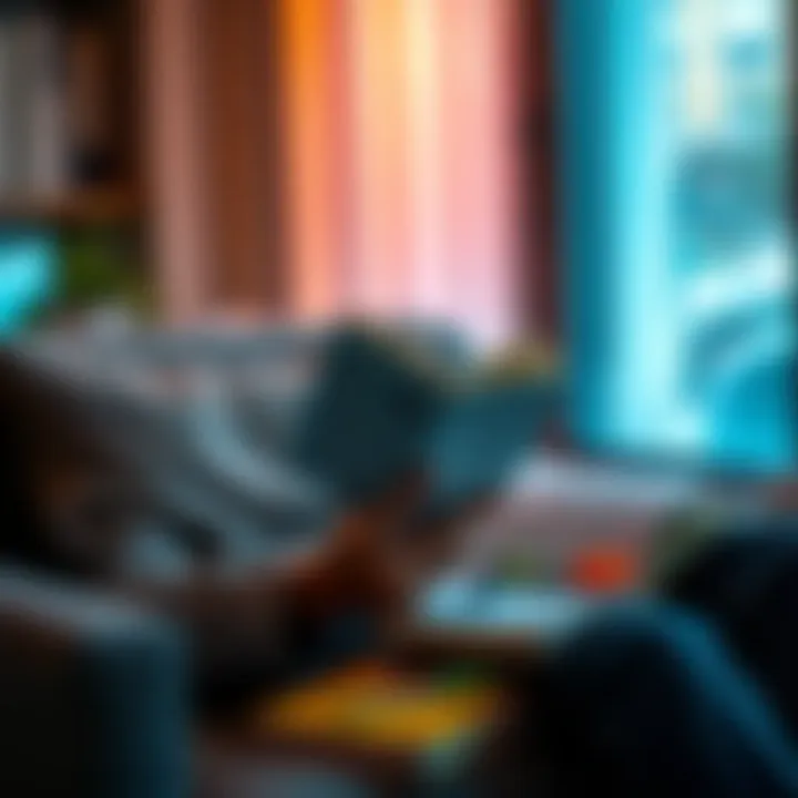 A person sits comfortably, holding a book and reading with focus, surrounded by notes and highlighters for studying.