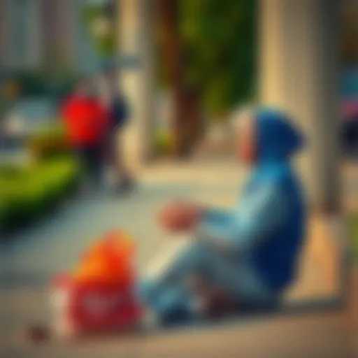 A person sitting on a sidewalk receiving a meal from a volunteer, illustrating the challenges of seeking help.