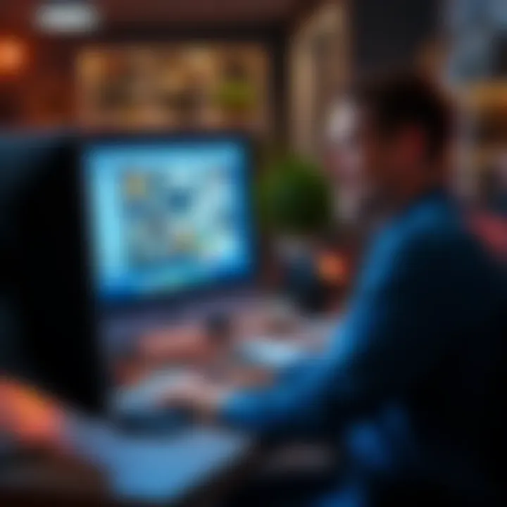 A person sitting at a computer, smiling while exploring their old online account, with various community interactions on the screen.