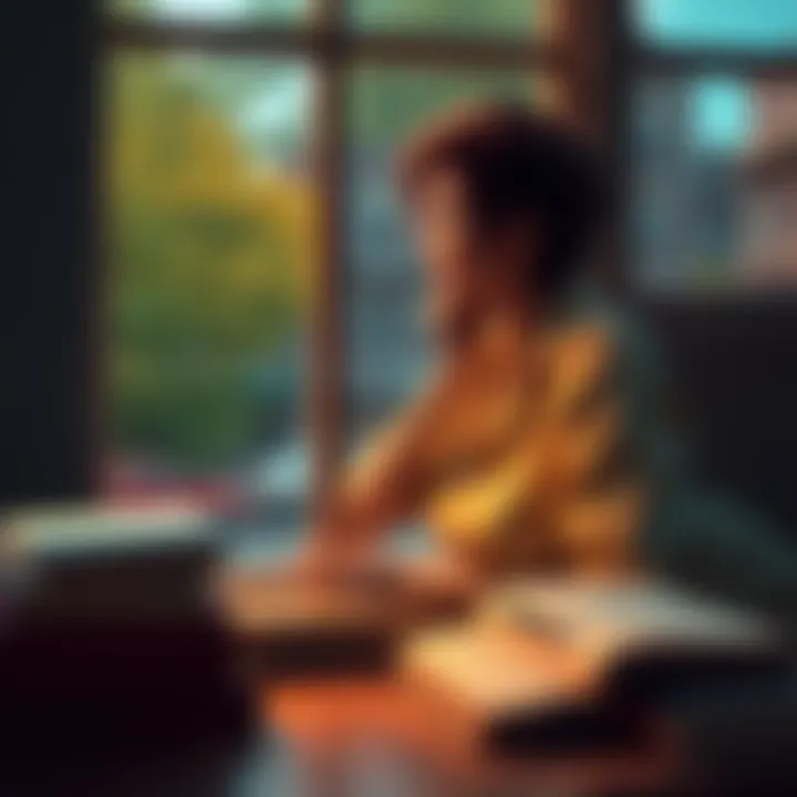 A person gazing thoughtfully out a window, surrounded by books and a journal, symbolizing self-reflection and personal growth.