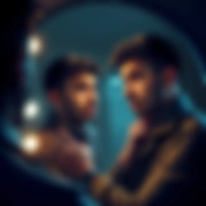 Person Reflecting on Accountability A thoughtful person looking in a mirror, contemplating their choices and excuses, symbolizing self-reflection and accountability.