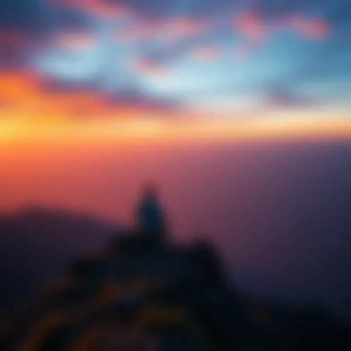 A person sitting on a mountain top, looking out over a vast landscape, symbolizing personal growth and self-reflection.