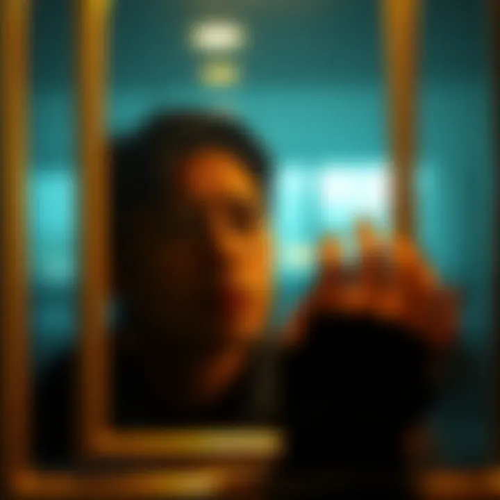 A person gazes into a mirror, showing a mix of emotions while contemplating their past and personal growth.