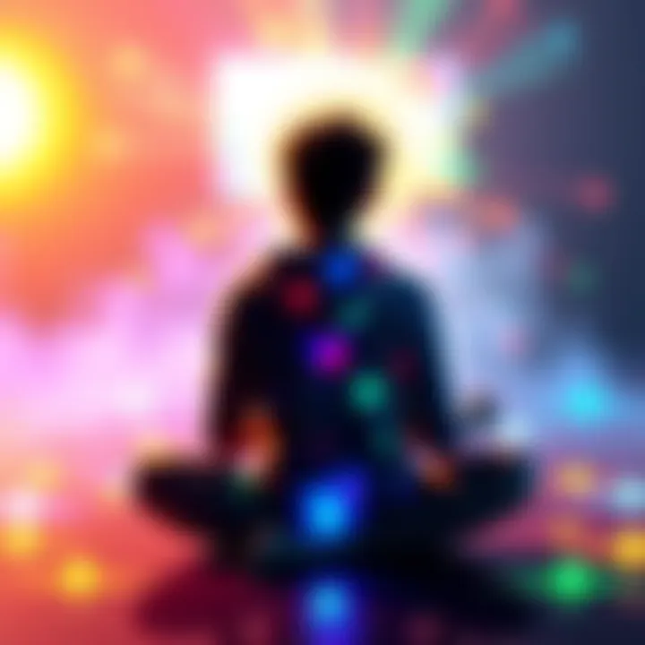 A person sitting cross-legged with colorful aura glowing around them, thinking about their feelings and experiences related to auras.