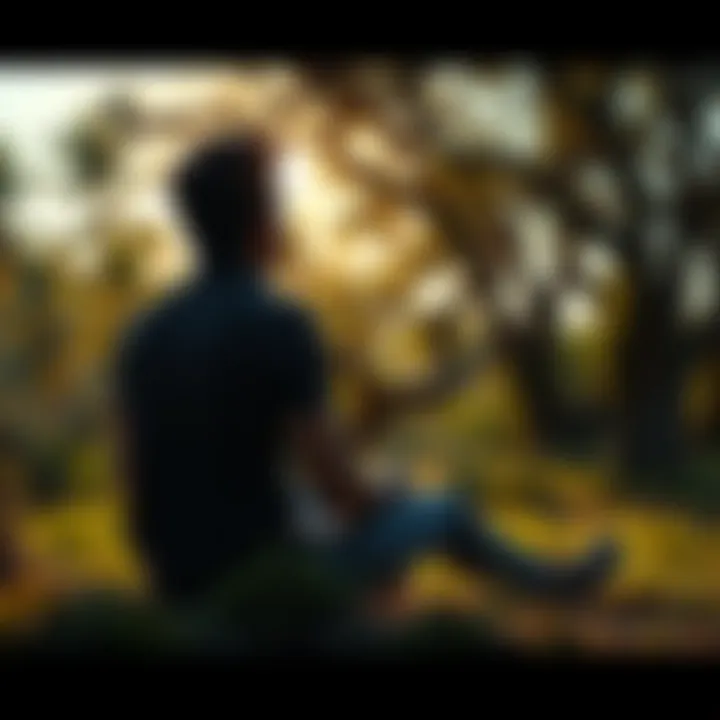A person sitting quietly in nature, reflecting on their personal growth and self-awareness journey, surrounded by trees and sunlight.