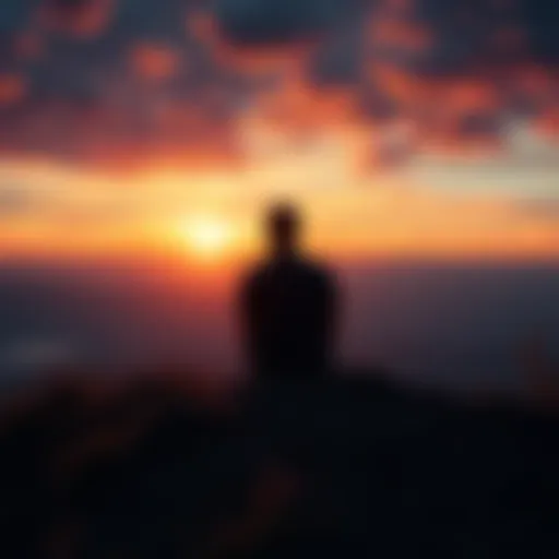 A person sitting on a hilltop, looking contemplatively at the sunset, symbolizing deep thought about life and existence.