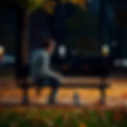 A person sitting alone on a park bench, looking contemplative with a somber expression, surrounded by autumn leaves, symbolizing loss and reflection.