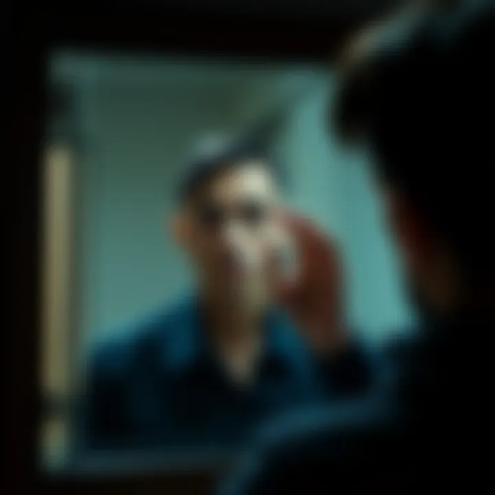 Person Reflecting on Self A person looking thoughtfully in a mirror, showing signs of contemplation and self-reflection about their character.