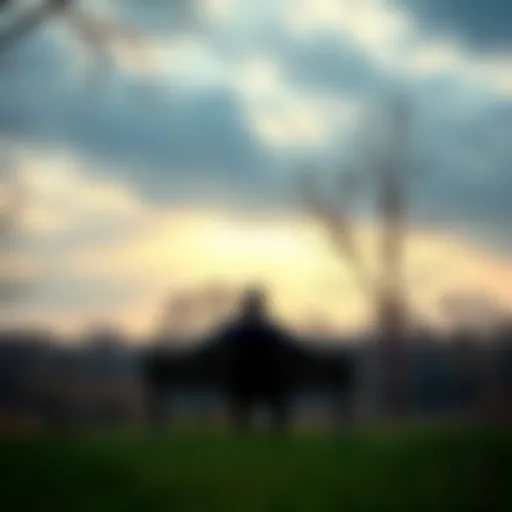 A person sitting alone on a park bench, appearing thoughtful and introspective, surrounded by trees and a cloudy sky.