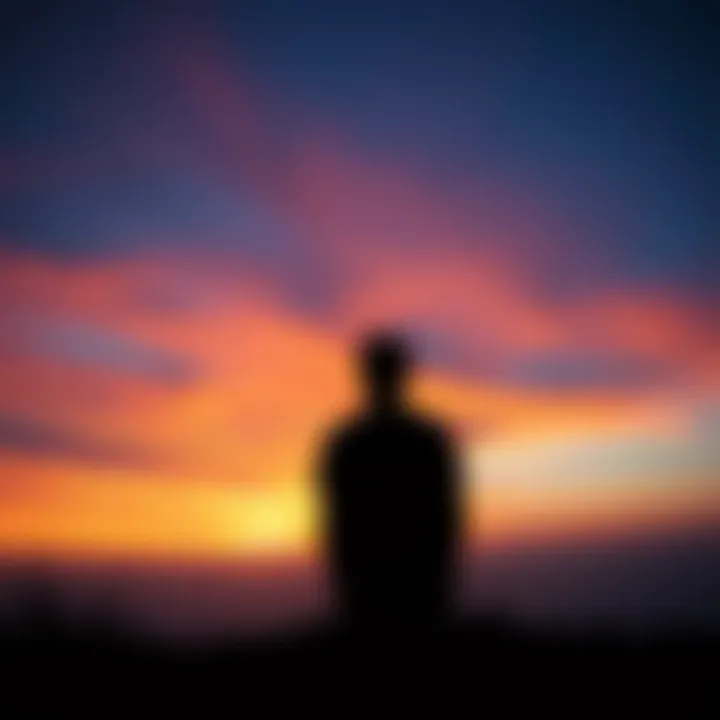 A person reflecting in solitude A person sits alone on a hilltop, looking at a sunset, symbolizing loss and reflection.