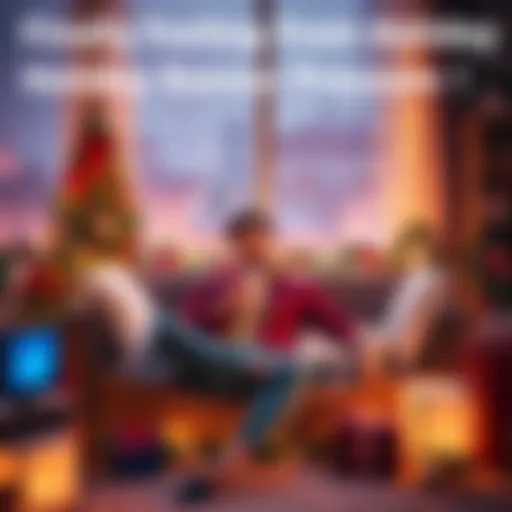 A relaxed individual sits on a couch surrounded by colorful holiday decorations, looking content while enjoying a warm drink, symbolizing the joy of the season without pressure.