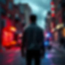 A person standing in a dangerous street, surrounded by chaos and uncertainty