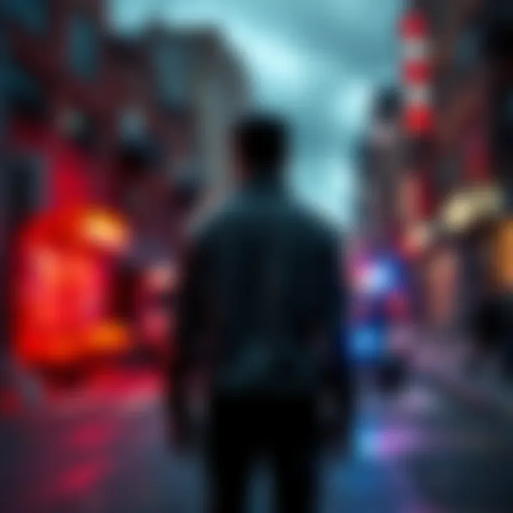 Person in a risky situation A person standing in a dangerous street, surrounded by chaos and uncertainty