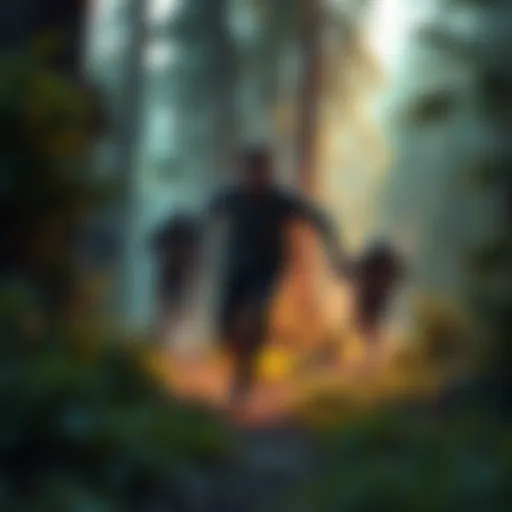 A person sprinting through a dense forest while being chased by several shadowy figures in the background