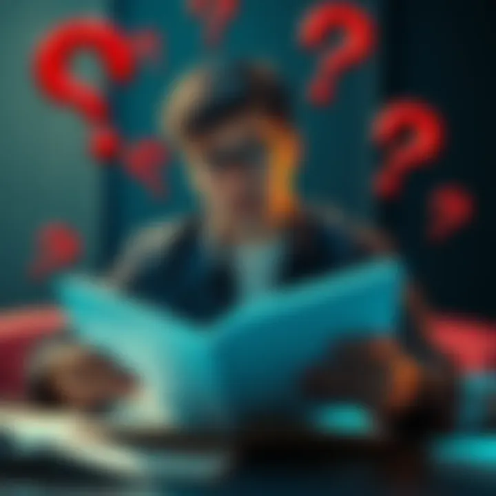 A person looking confused while reading a book and taking notes, surrounded by question marks
