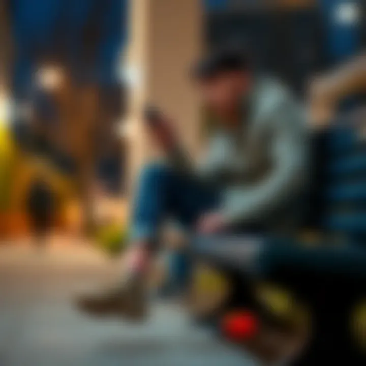 A person sitting on a bench with an injured leg, looking concerned and holding a phone, ready to call for help.