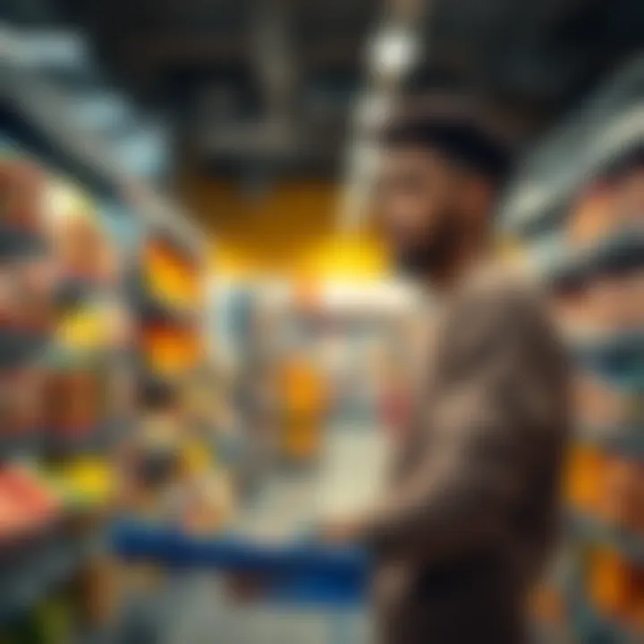A person in a grocery store looking at prices with a concerned expression, symbolizing financial struggle before payday.