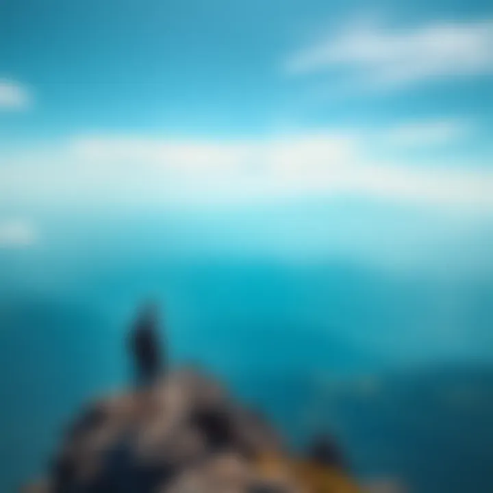 Person Showing Courage A person standing confidently on a mountain peak, looking towards the horizon with determination.