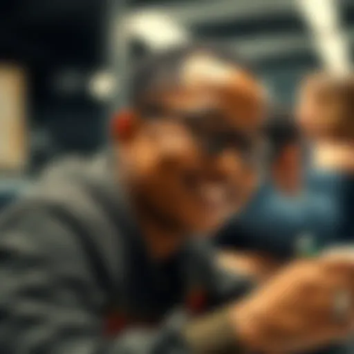 An individual with mental disabilities is working on personal goals, smiling and focused, in a supportive environment.