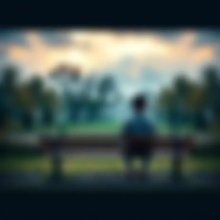 A person reflecting on their emotions while sitting on a park bench, surrounded by trees and a cloudy sky.