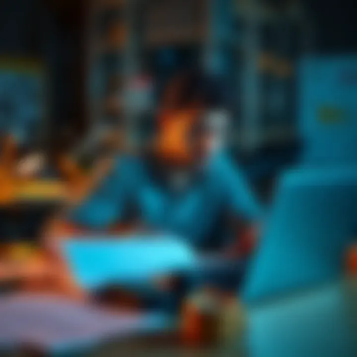 Person solving a problem A person sitting at a desk, looking at papers and a laptop, appearing focused while writing down solutions.