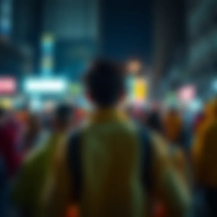 Person standing out in a crowd A single person wears bright clothing while others around wear dull colors, symbolizing individuality in society.