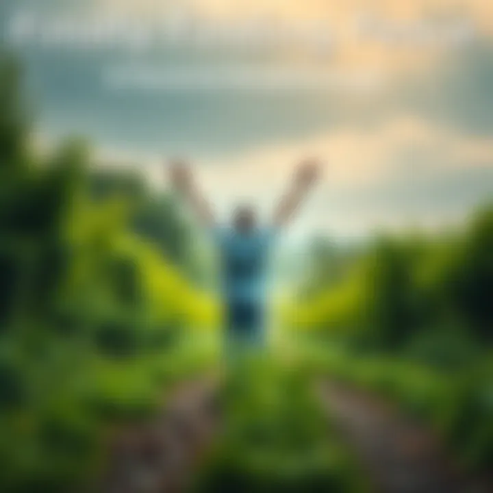 A person with arms raised in joy standing on a path surrounded by greenery, symbolizing freedom and hope