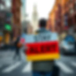 A person stands on a city street, holding a sign that reads 'Stay Alert' to warn people about potential scams.
