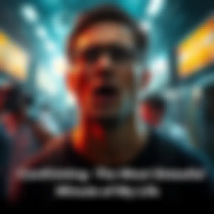 A person stands frozen, eyes wide and breathing heavily, conveying intense stress in a chaotic environment.
