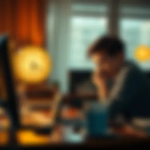 A person sitting at a desk with a frown, coffee mug in hand, looking at a clock indicating Monday morning
