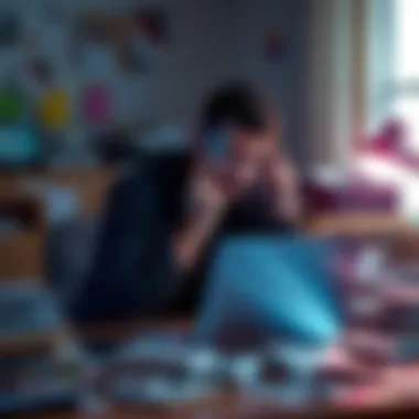 A person sitting at a desk looking frustrated while trying to delete emails on their laptop, surrounded by clutter