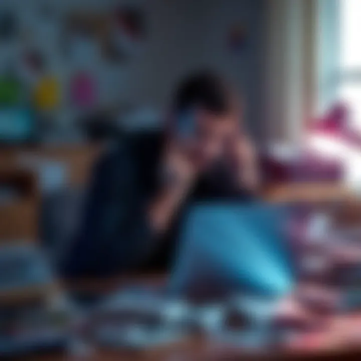 A person sitting at a desk looking frustrated while trying to delete emails on their laptop, surrounded by clutter
