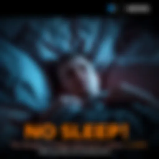 A person lying awake in bed, looking stressed with dark circles under their eyes, surrounded by pillows and blankets