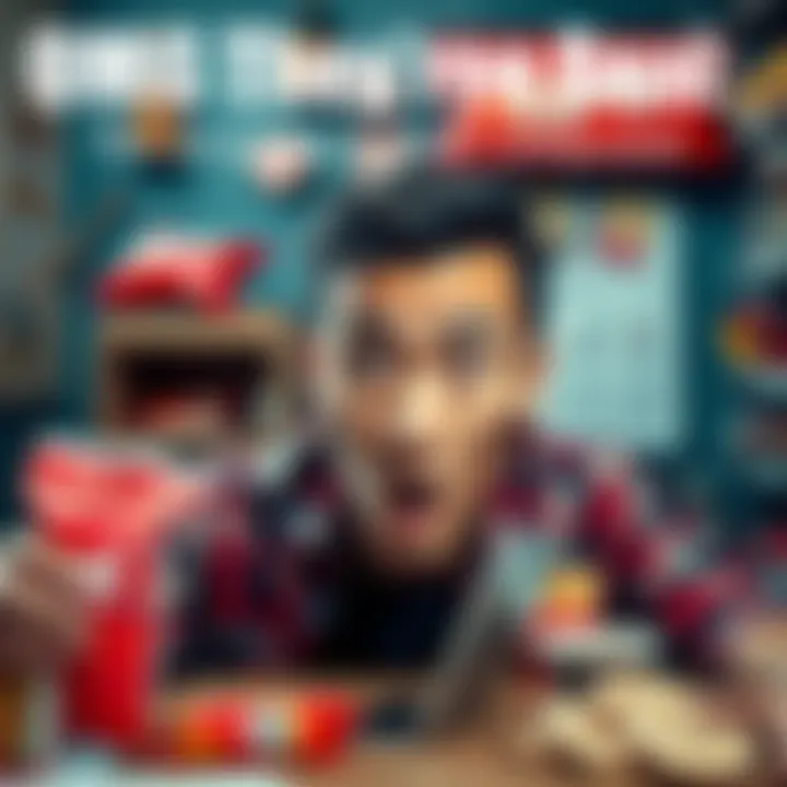 A person looks overwhelmed while trying to resist temptation, surrounded by various distractions like junk food and phone notifications, showcasing the challenge of self-control.