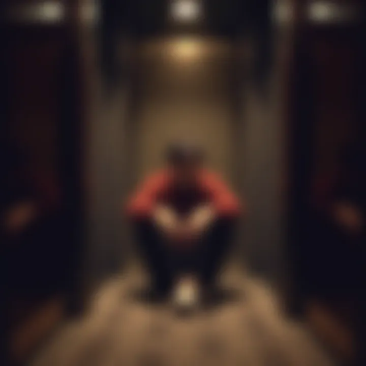 A weary person sitting on the floor of a small elevator, looking frustrated and exhausted after being trapped for five months.