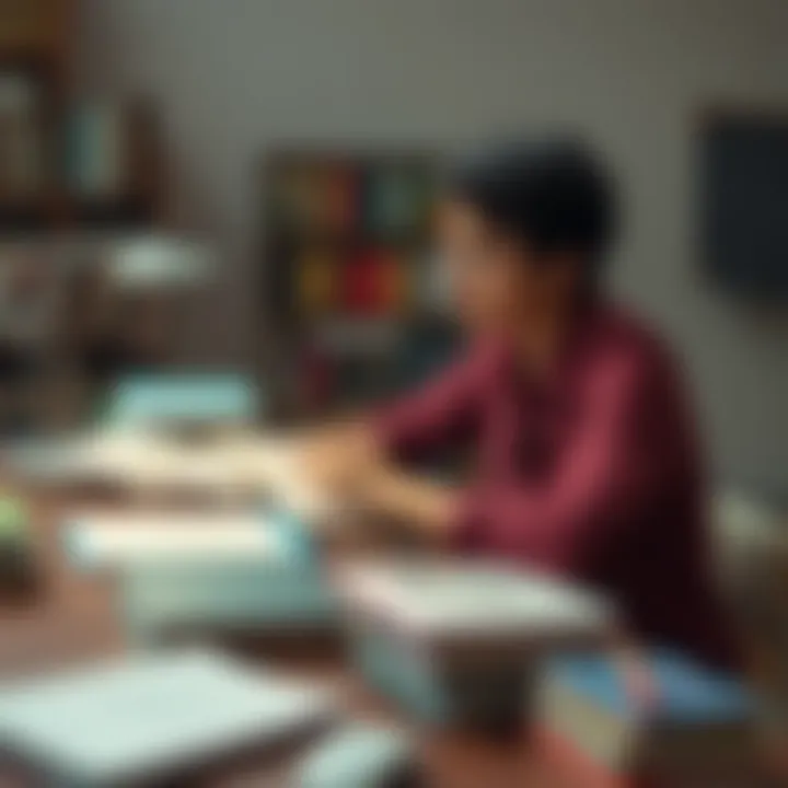 A person sitting at a desk with English textbooks and notebooks, focused on learning, reflecting on their journey of accountability in language learning.