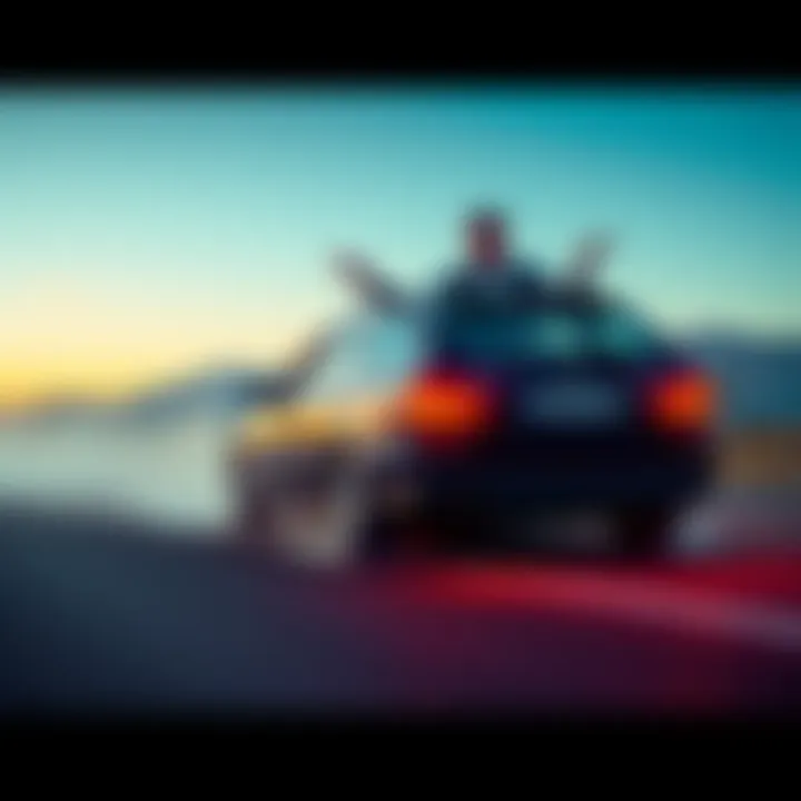 Person standing near a car while it rolls towards them, showcasing a comedic moment of potential mishap.