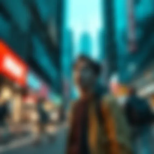 A shocked person stands in an urban setting, looking around as if realizing danger is nearby, with a worried expression on their face.