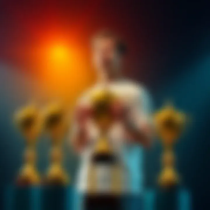 A person looking proud while holding multiple trophies symbolizing high achievement and success