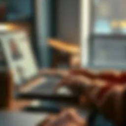 Individual sitting at a desk, energetically typing thoughts on a laptop with a coffee cup nearby