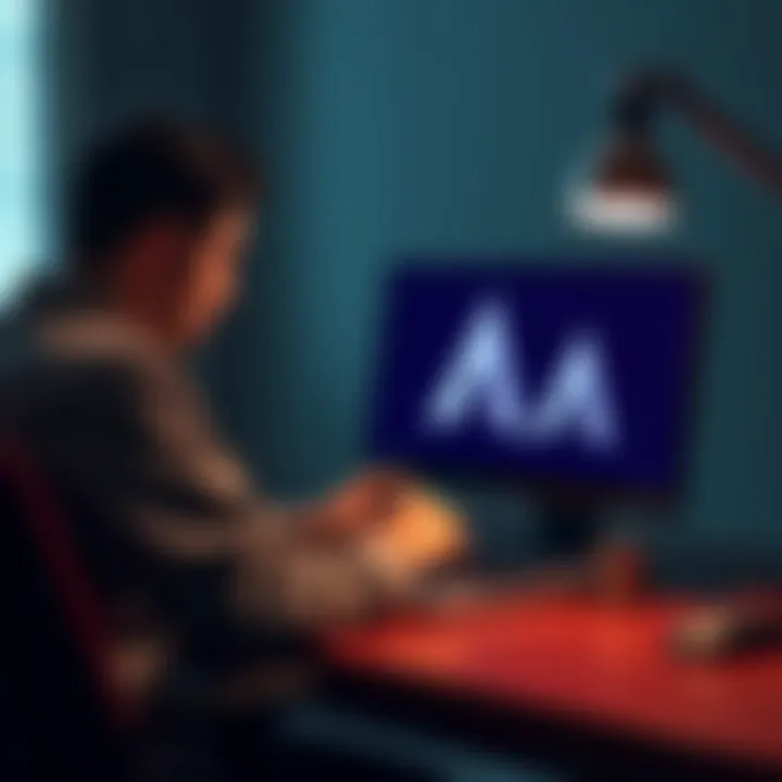 A person sitting at a desk, focused on their laptop screen, with the Arch Linux logo visible on the monitor.