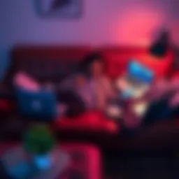 A person lounging on a couch surrounded by various devices like a laptop, smartphone, and tablet, showing a relaxed but distracted posture.