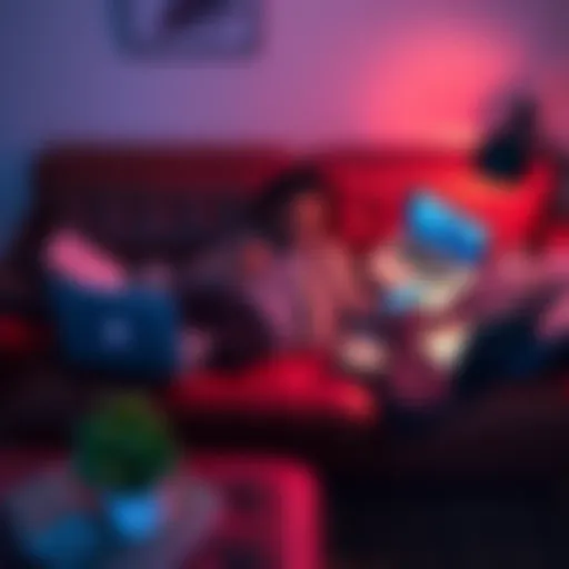 A person lounging on a couch surrounded by various devices like a laptop, smartphone, and tablet, showing a relaxed but distracted posture.
