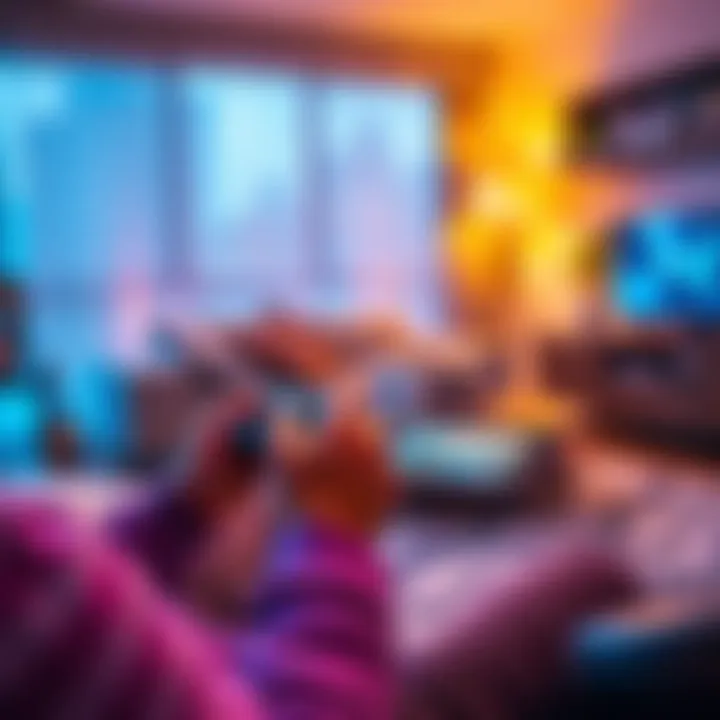 A person playing games on a Steam Deck handheld console in a cozy living room setting