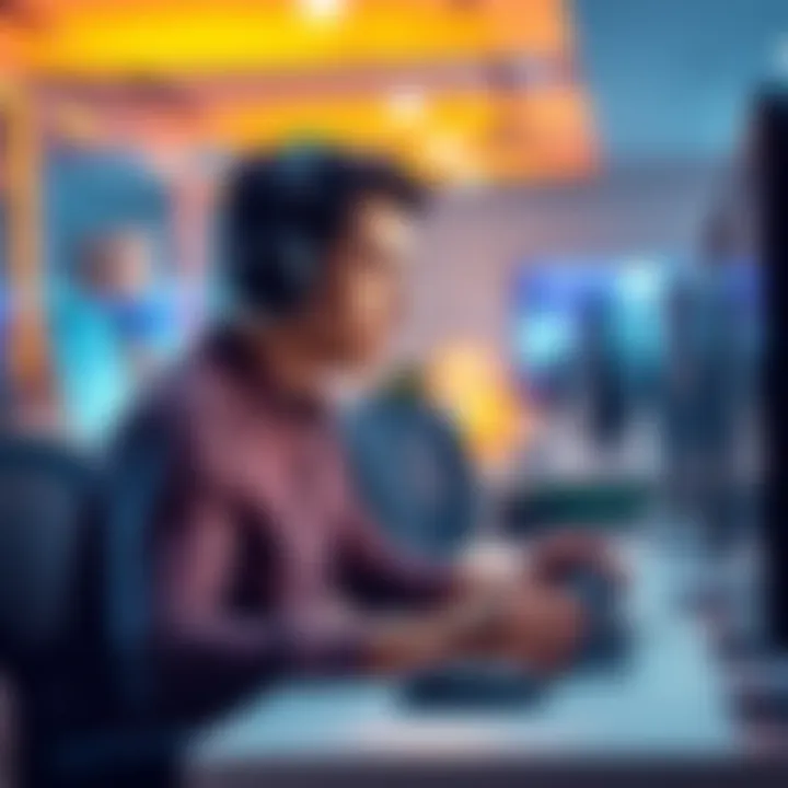 An office worker quietly playing on a SteamDeck while using headphones and a game controller.